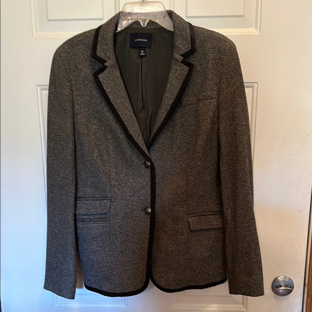 Lands End grey flannel blazer with black trim. Size 16